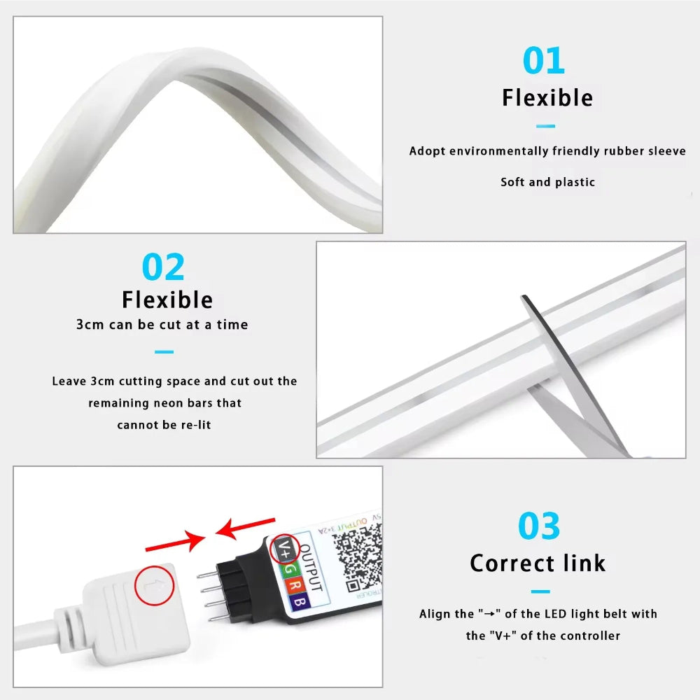 Fita LED Neon RGBIC 5V - Sinc. Música, DIY, Dreamcolor, IP65, Controlo APP/Voz