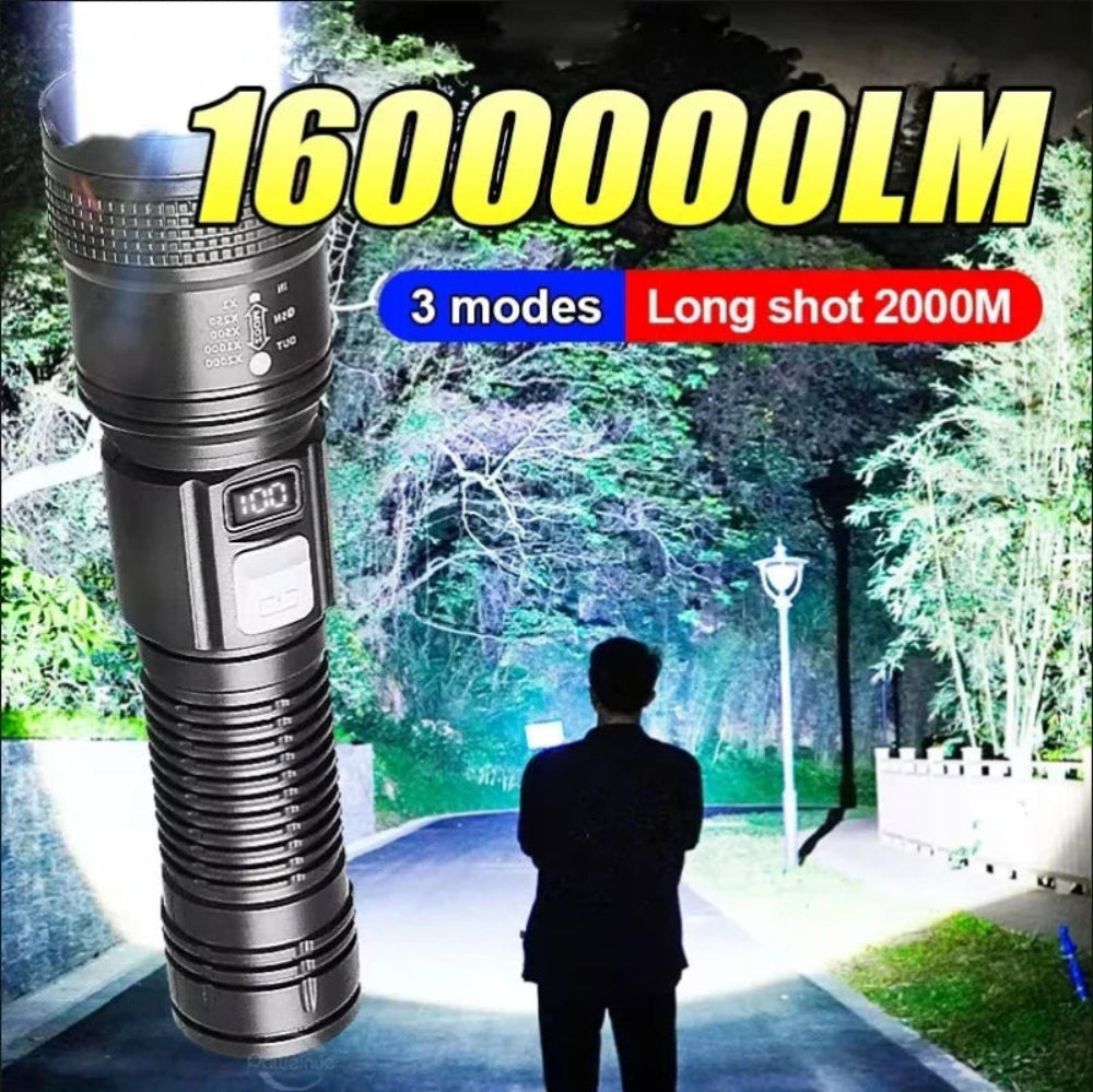 Lanterna LED Tática Alta Potência - 1500M, USB, Zoom, 3 Modos, Acampamento/Pesca/Defesa