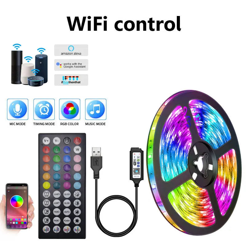 Fita LED USB 5V 5050 RGB - Bluetooth/WiFi/Alexa, 1m-30m, Decoração Quarto/TV