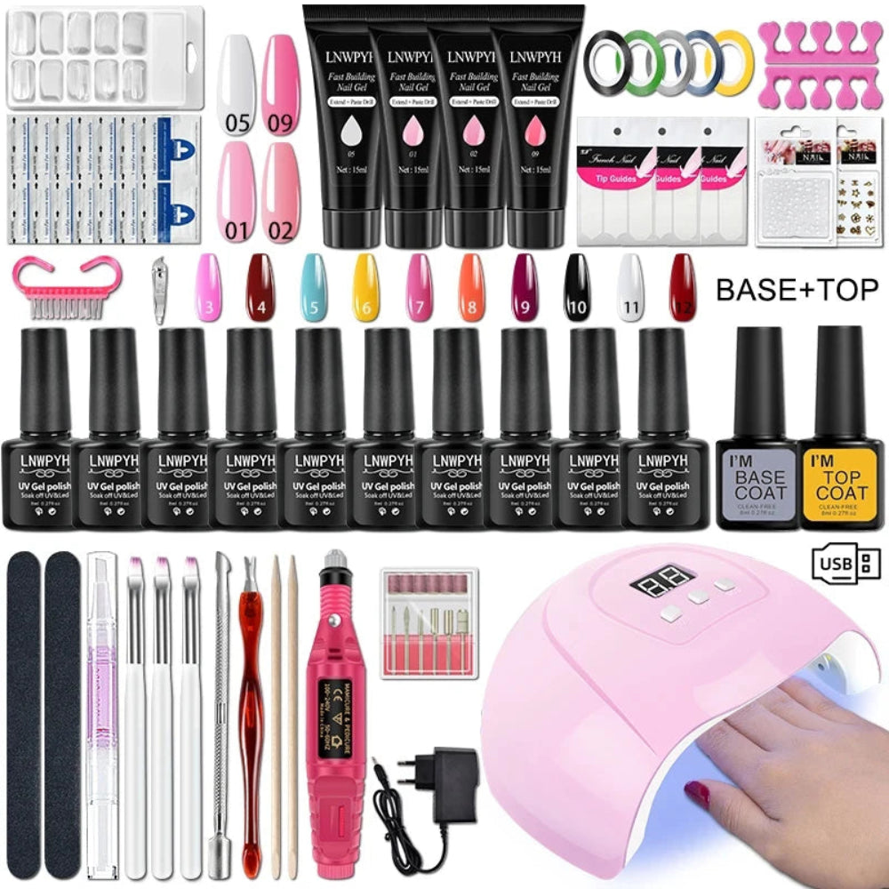 Kit Esmalte Gel Completo - Lâmpada UV 36W, 10 Cores Gel, Polygel, Broca Elétrica