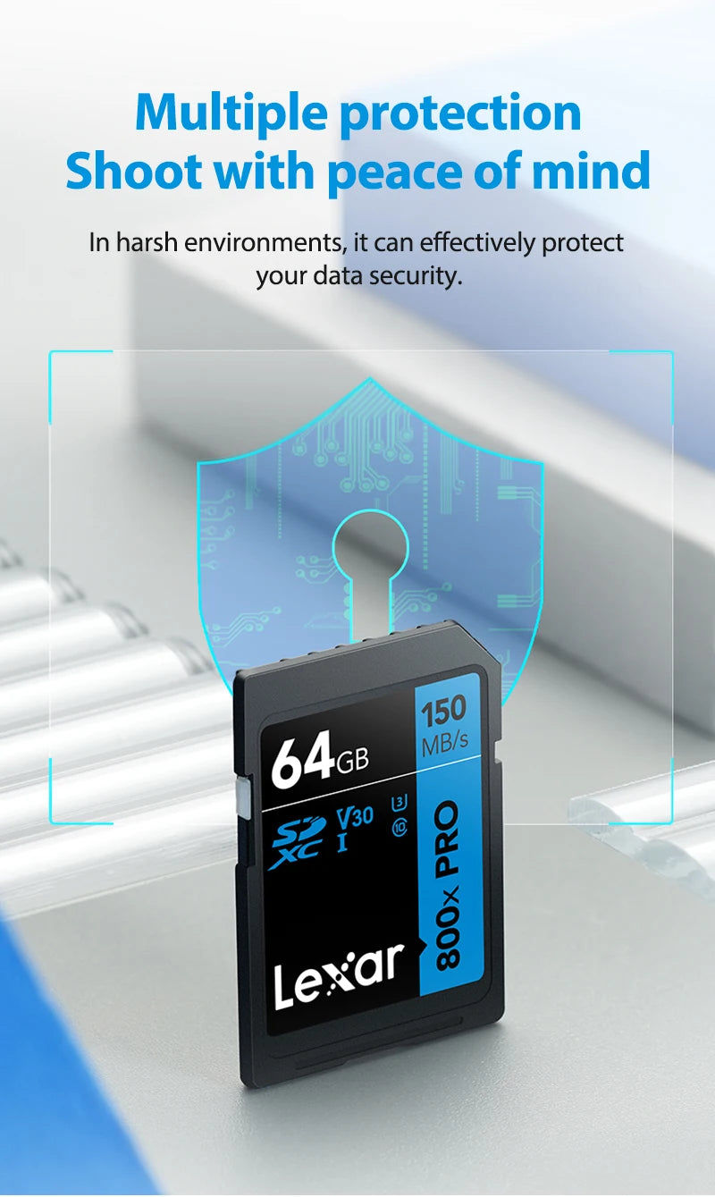 Cartão de Memória Lexar SD Pro 800x - 32GB/64GB/128GB - 150MB/s, UHS-I, C10/V10/V30