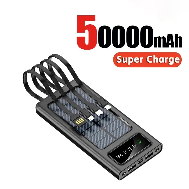 Solar Power Bank 200000mAh - 4 Cabos, Carregamento Rápido, USB, Solar, iPhone/Xiaomi/Samsung