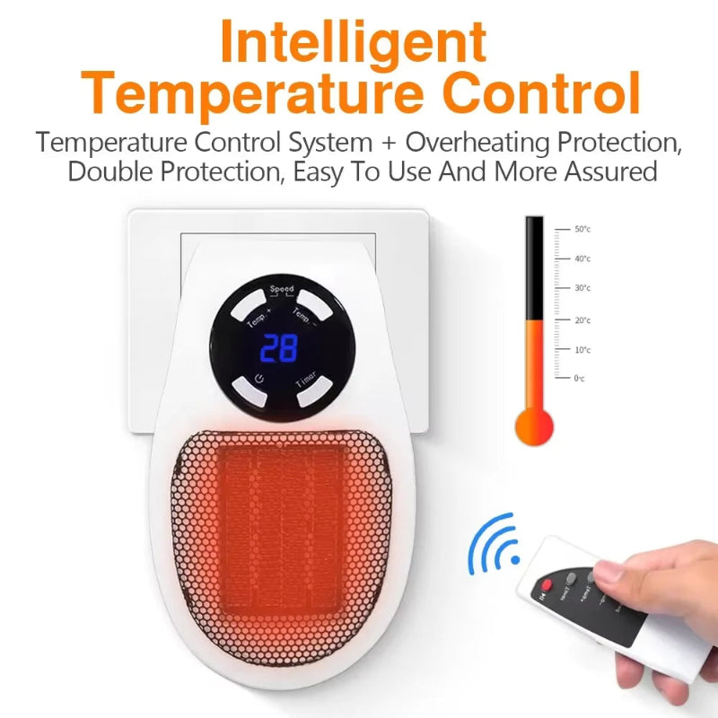 Aquecedor Elétrico Portátil 500W - Tomada Parede, Termostato, Controlo Remoto, Temporizador