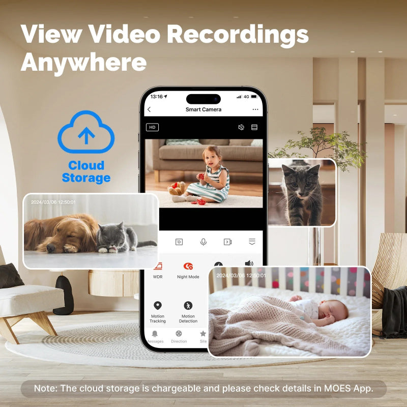 Câmara Segurança Interior WiFi 4MP PTZ MOES - Visão Noturna, Detecção Movimento/Som, Patrulha