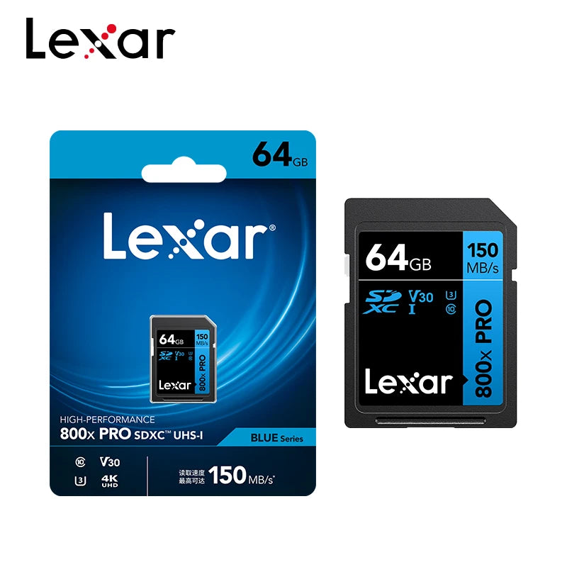 Cartão de Memória Lexar SD Pro 800x - 32GB/64GB/128GB - 150MB/s, UHS-I, C10/V10/V30