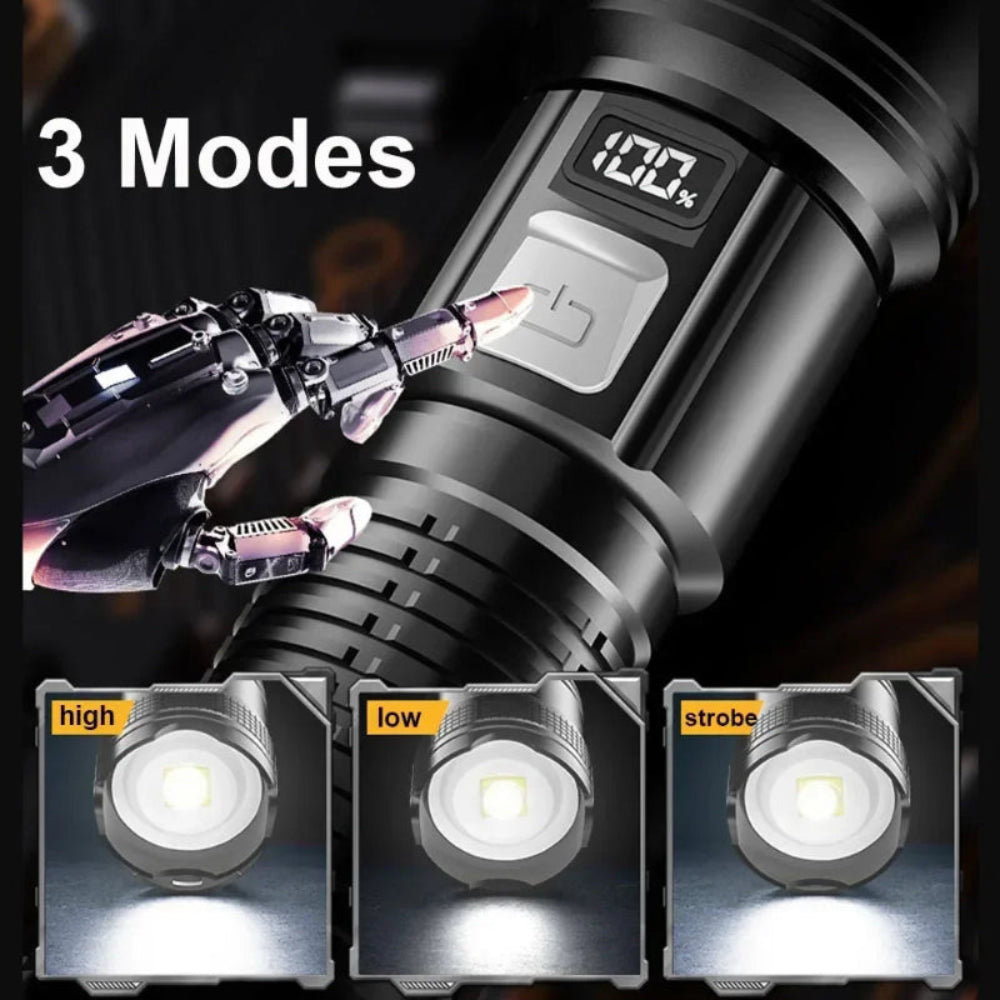 Lanterna LED Tática Alta Potência - 1500M, USB, Zoom, 3 Modos, Acampamento/Pesca/Defesa