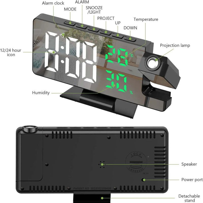 Despertador Digital LED com Projeção - Teto/Parede, Temperatura, Soneca, Visor Grande