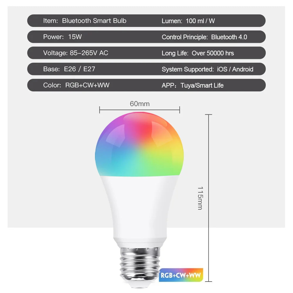 Lâmpada LED Inteligente Bluetooth Tuya 15W E27 - RGB+CW+WW, Milhares de Cores