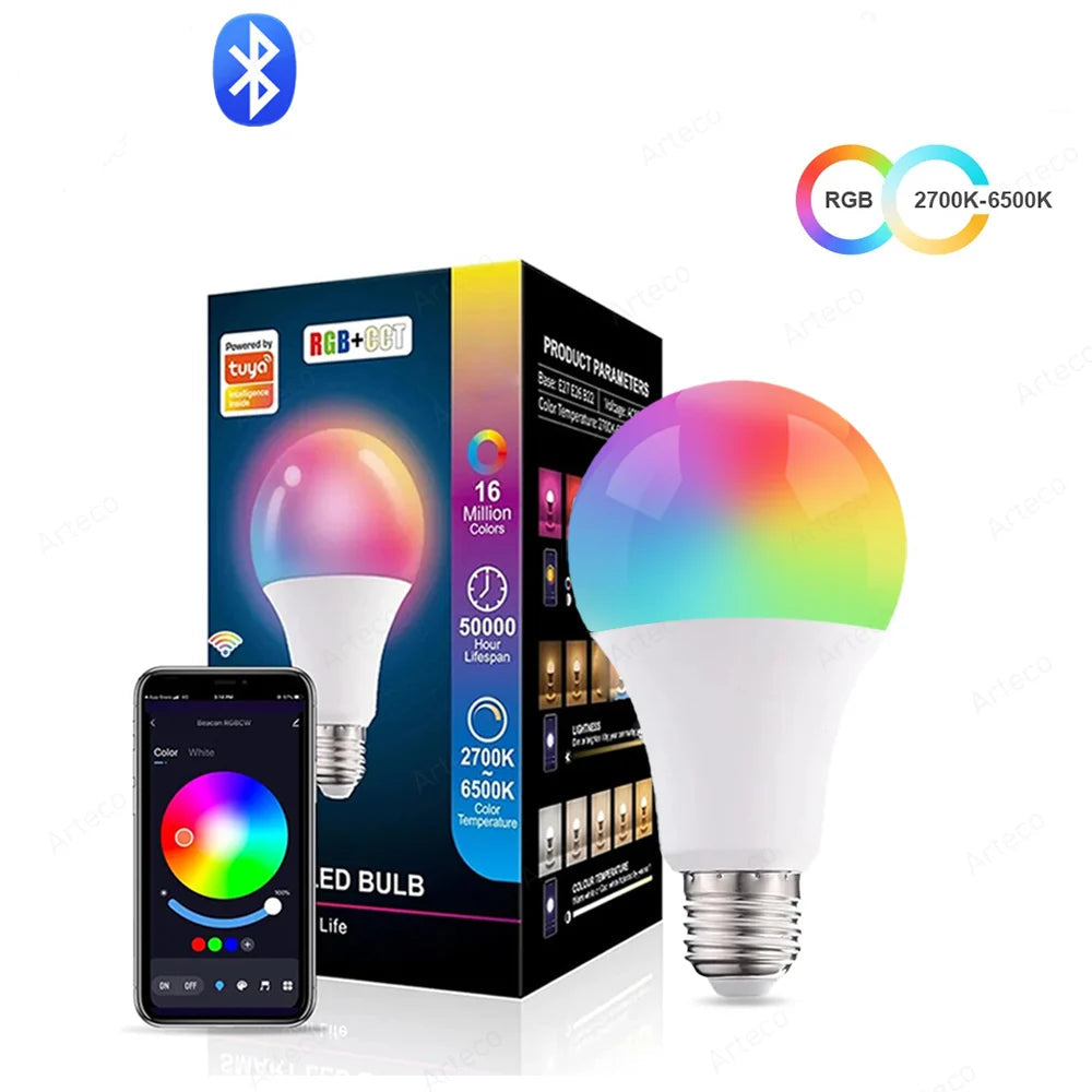 Lâmpada LED Inteligente Bluetooth Tuya 15W E27 - RGB+CW+WW, Milhares de Cores