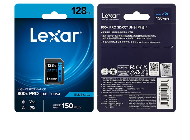 Cartão de Memória Lexar SD Pro 800x - 32GB/64GB/128GB - 150MB/s, UHS-I, C10/V10/V30