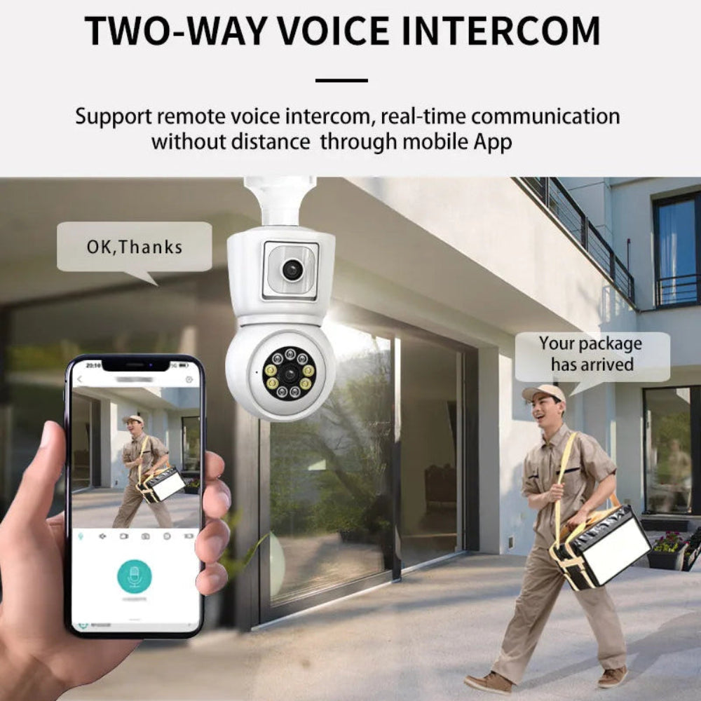 Câmara Segurança 4K/8MP E27 WiFi ICSEE Lente Dupla PTZ Exterior - Rastreamento IA, Visão Noturna Colorida