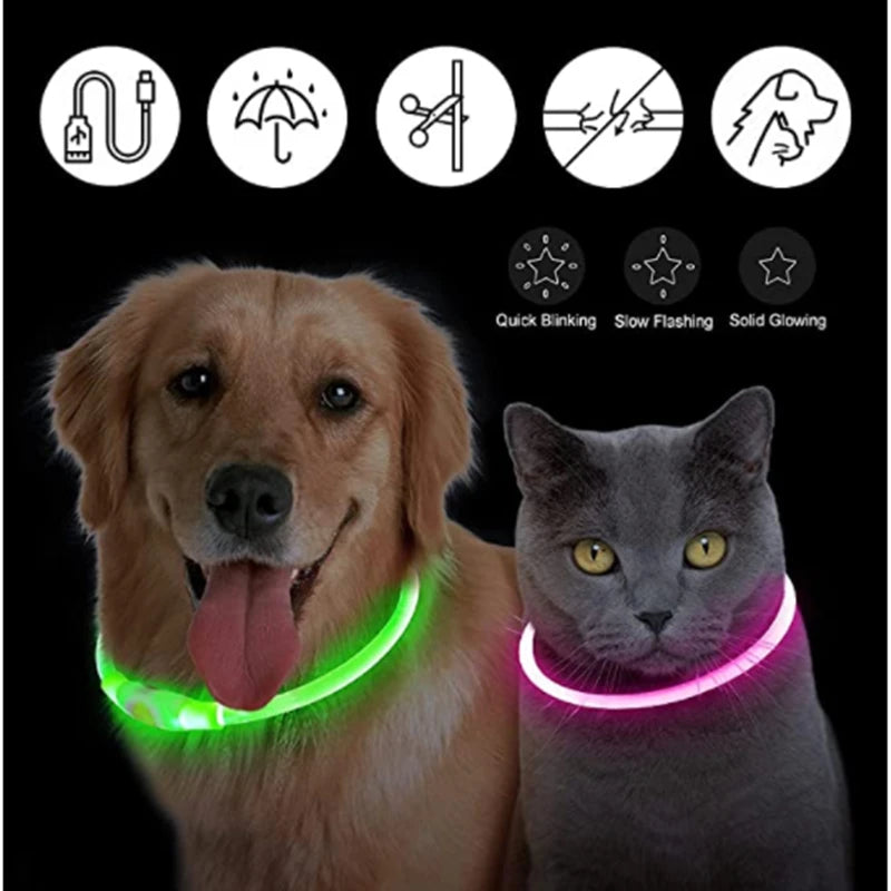 Coleira Luminosa LED Recarregável USB - Ajustável, Segura, Cães/Gatos, Visibilidade Noturna