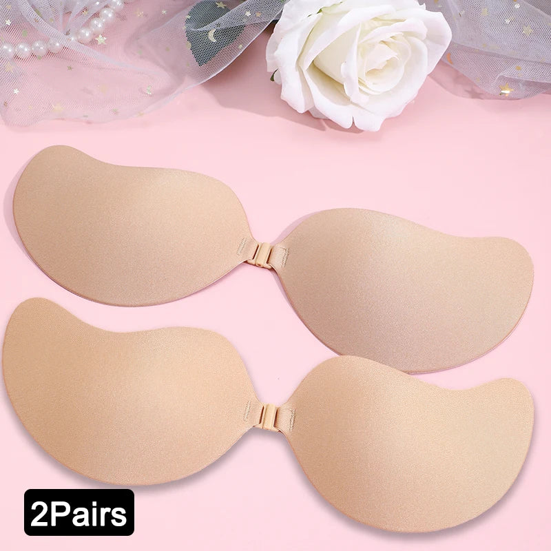 2 Pares Adesivos de Silicone Push Up Invisível - Sutiã Nude Autoadesivo, Levanta Seios, Sem Alças, Casamento/Festa