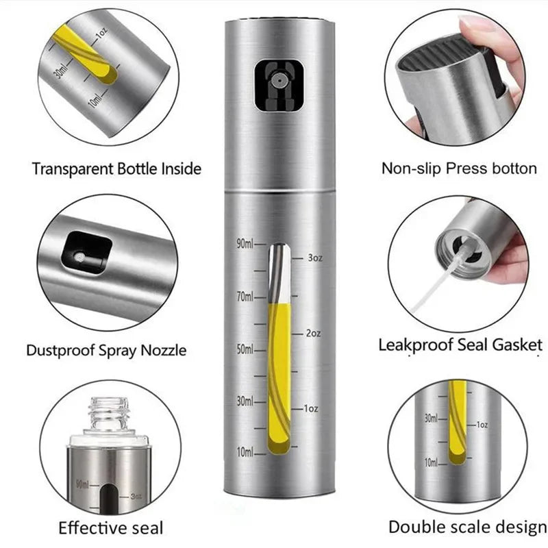 Frasco Spray Azeite Inox 304 com Doseador - Óleo, Vinagre, Temperos, Churrasco, Cozinha Saudável