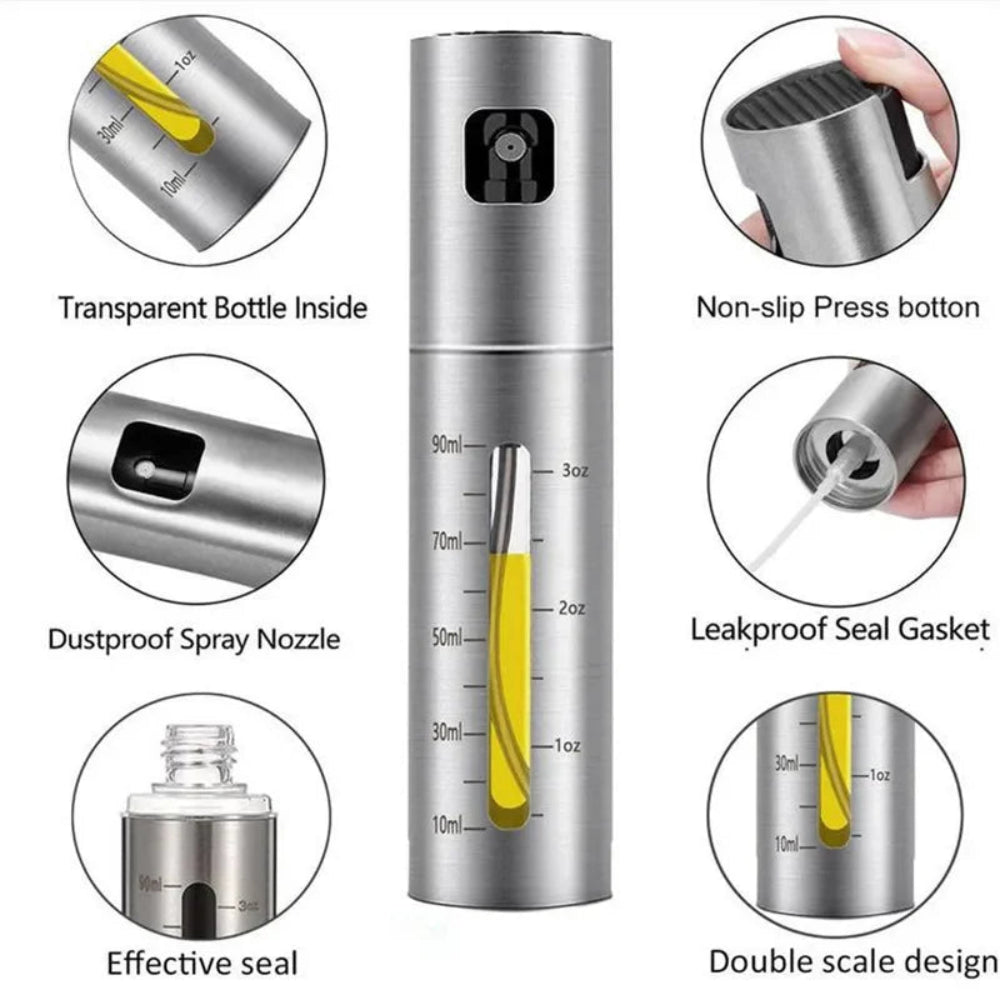 Frasco Spray Azeite Inox 304 com Doseador - Óleo, Vinagre, Temperos, Churrasco, Cozinha Saudável