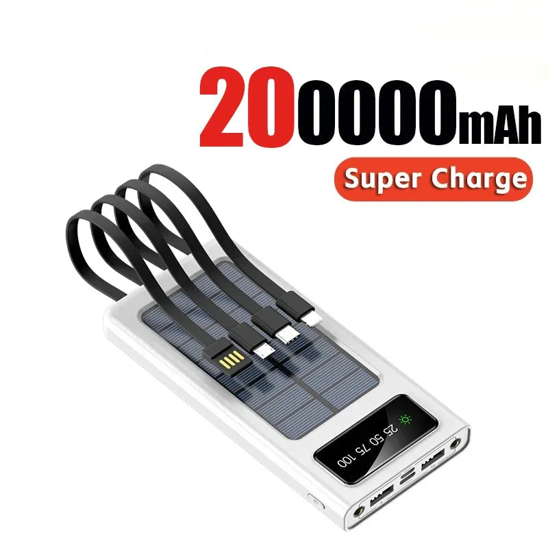 Solar Power Bank 200000mAh - 4 Cabos, Carregamento Rápido, USB, Solar, iPhone/Xiaomi/Samsung