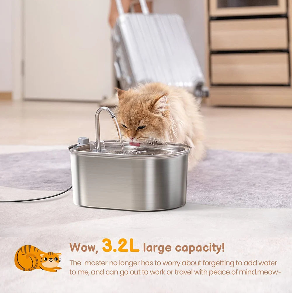Fonte de Água Inteligente 3.2L - Aço Inox, Filtração Dupla, Silenciosa, Gatos/Cães