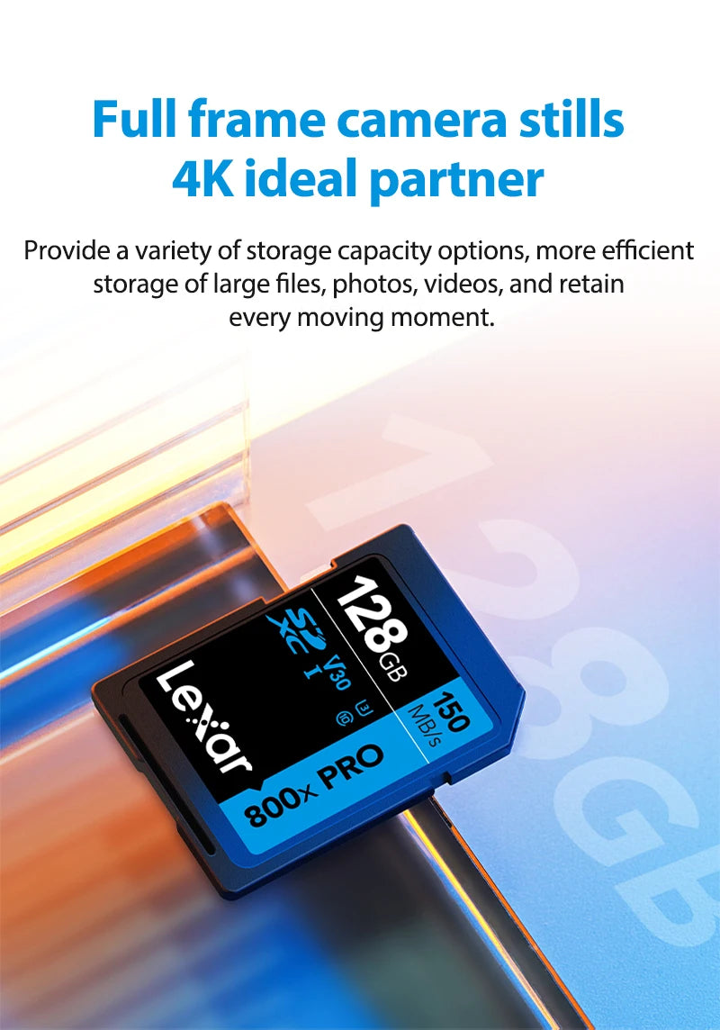 Cartão de Memória Lexar SD Pro 800x - 32GB/64GB/128GB - 150MB/s, UHS-I, C10/V10/V30