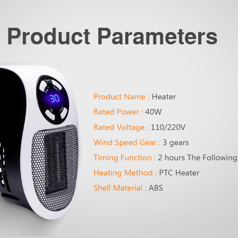 Aquecedor Elétrico Portátil 500W - Tomada Parede, Termostato, Controlo Remoto, Temporizador