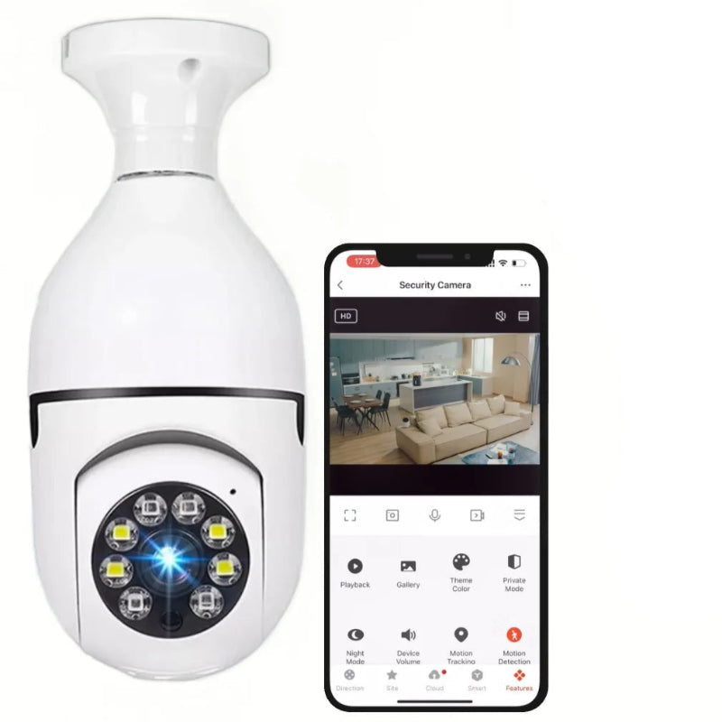 Lâmpada WiFi E27 com Câmara Segurança HD Tuya Smart - Visão Noturna, Áudio Bidirecional, Detecção Movimento