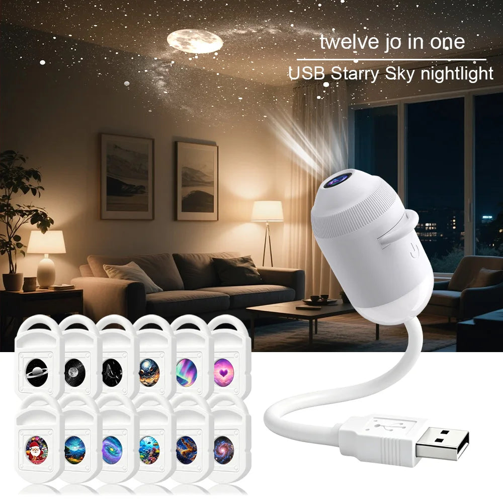 Projetor de Estrelas USB 3 em 1 e Luz Noturna com Controlo por Toque Portátil USB – Iluminação Relaxante para Crianças e Adultos