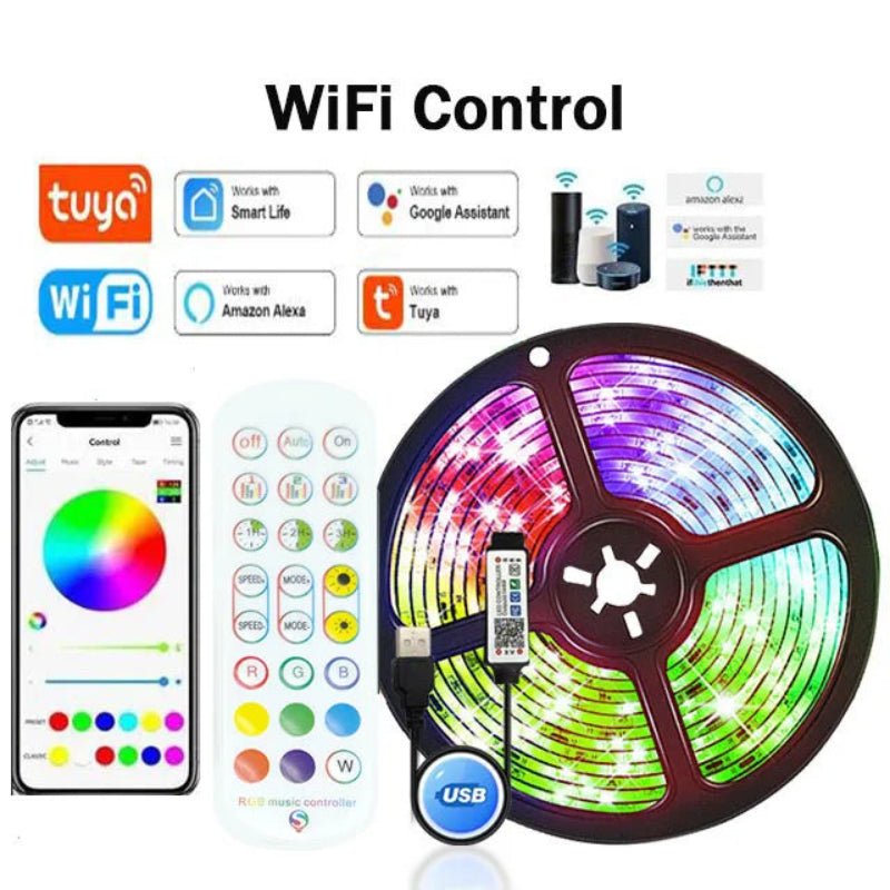 Fita LED USB RGB 1-30M - Tuya APP, 5050, Decoração Quarto/TV, Mudança Cor