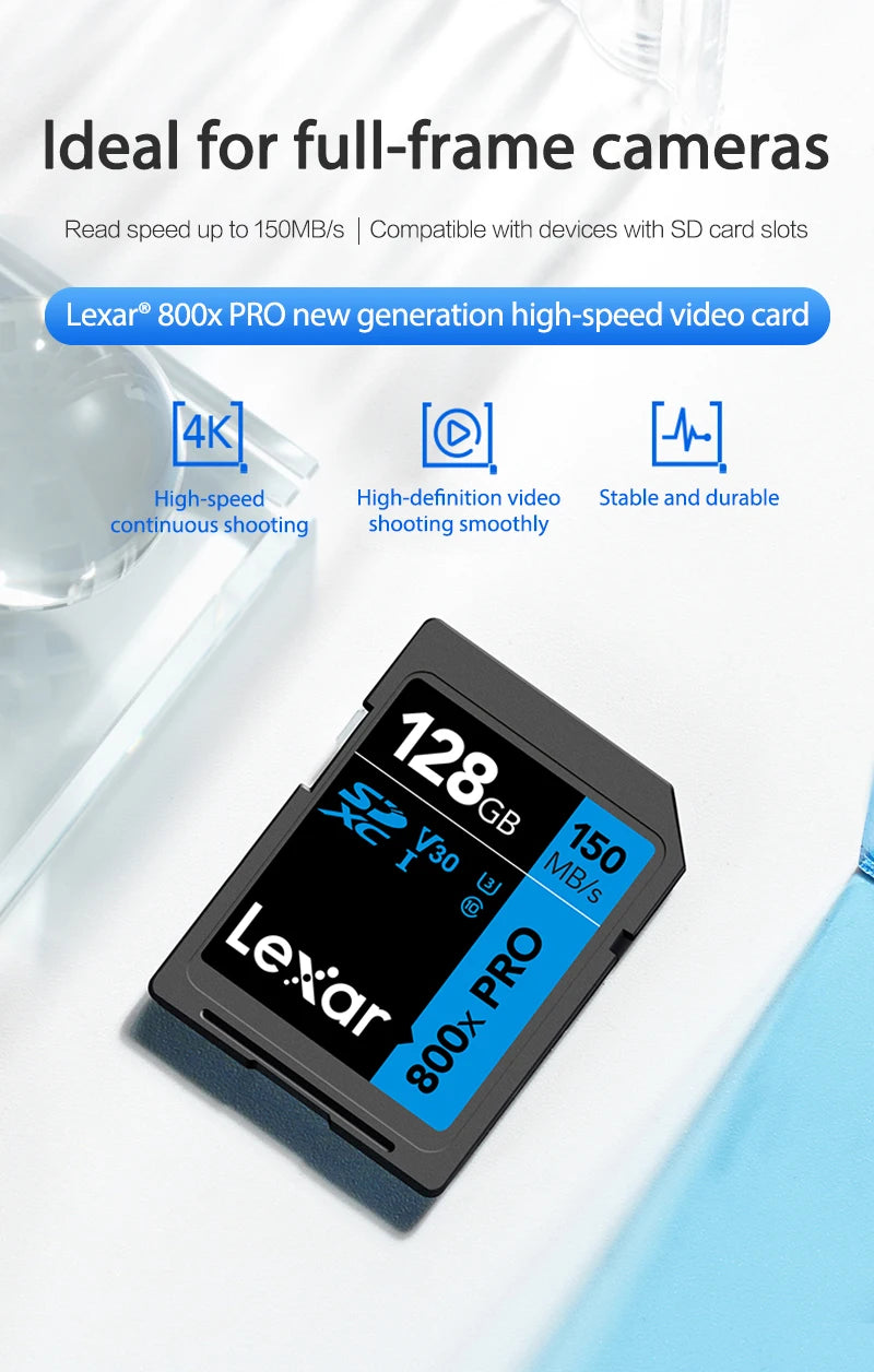 Cartão de Memória Lexar SD Pro 800x - 32GB/64GB/128GB - 150MB/s, UHS-I, C10/V10/V30