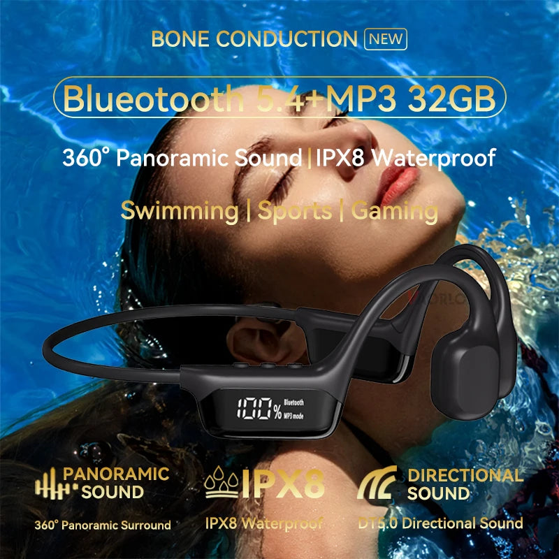 Fones de Ouvido Condução Óssea Bluetooth 5.4 IPX8 - Natação, Desporto & MP3 32GB