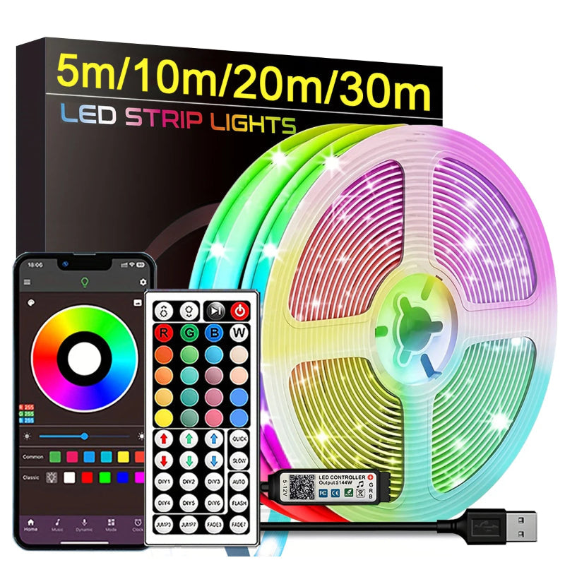 Fita LED RGB 5m-30m - Controlo APP, USB, Flexível, Decoração Quarto/Sala