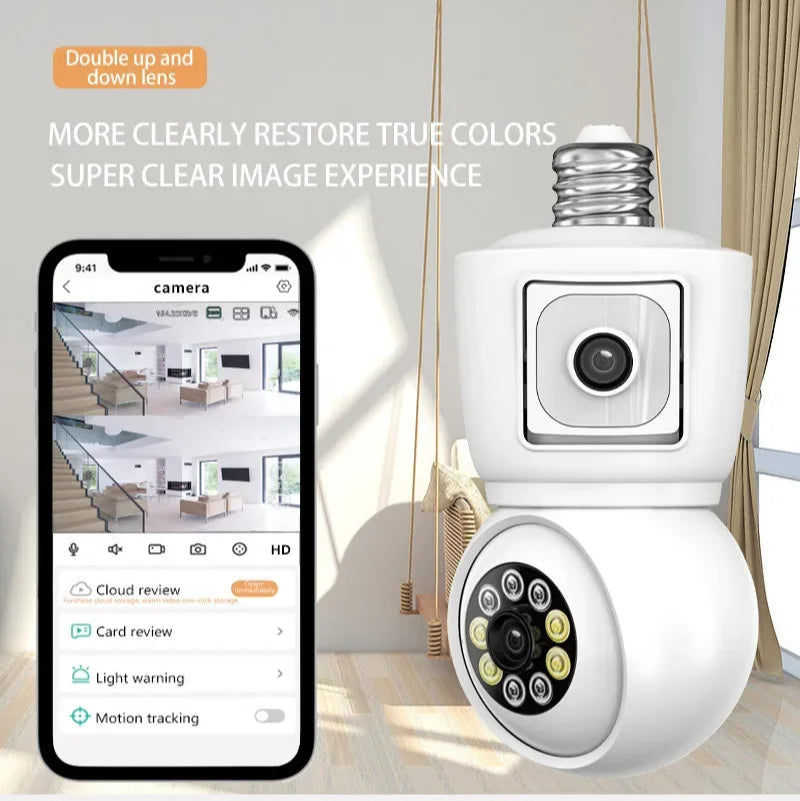 Câmara Segurança 4K/8MP E27 WiFi ICSEE Lente Dupla PTZ Exterior - Rastreamento IA, Visão Noturna Colorida