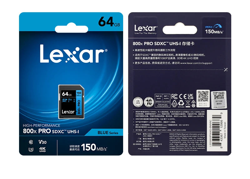 Cartão de Memória Lexar SD Pro 800x - 32GB/64GB/128GB - 150MB/s, UHS-I, C10/V10/V30