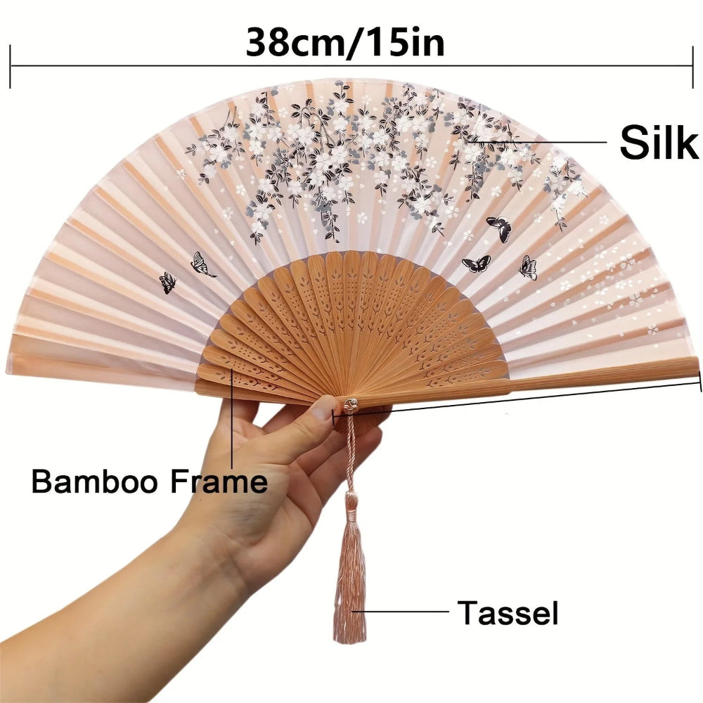 Leque de Mão Dobrável com Borla Estilo Oriental – Leque de Bambu (22 Hastes) e Tecido