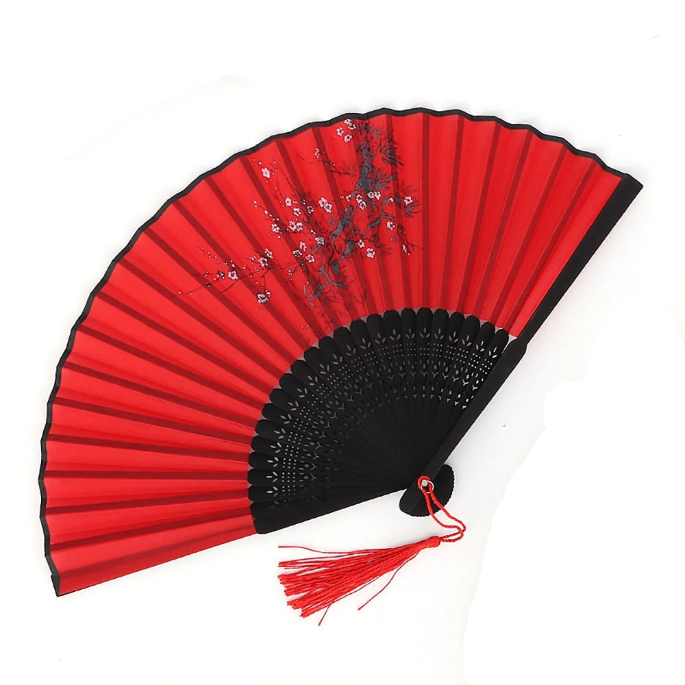 Leque de Mão Dobrável Estilo Oriental com Borla Colorida – Leque Feminino Vintage de Seda