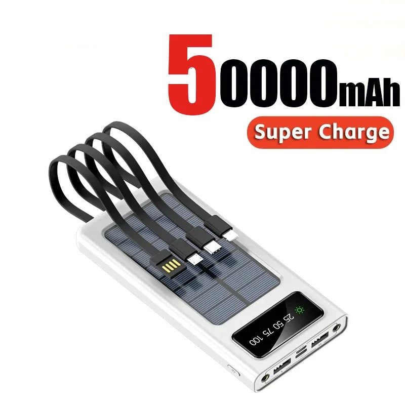 Solar Power Bank 200000mAh - 4 Cabos, Carregamento Rápido, USB, Solar, iPhone/Xiaomi/Samsung