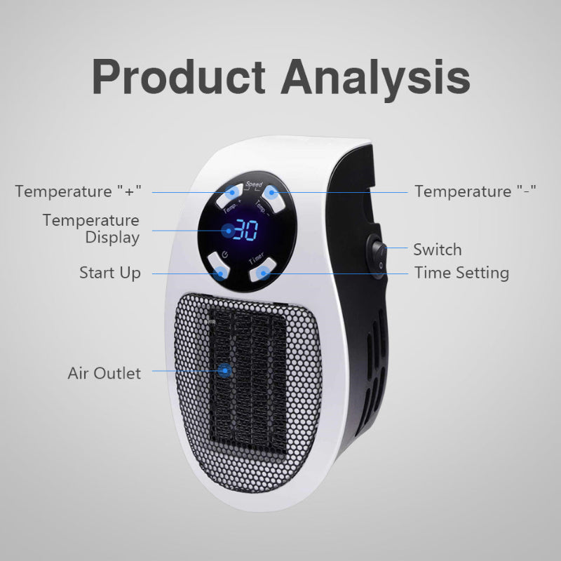 Aquecedor Elétrico Portátil 500W - Tomada Parede, Termostato, Controlo Remoto, Temporizador