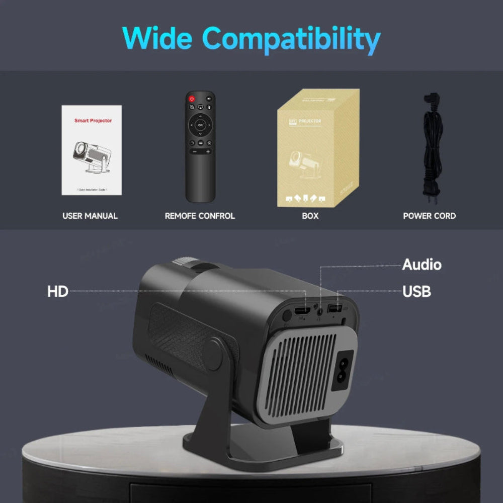 Projetor HY320 Mini 720P Android 11 4K - 300ANSI, WiFi6, BT5.0, 180° Rotativo, Cinema Portátil