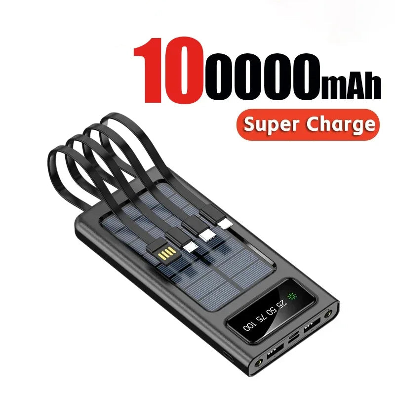 Solar Power Bank 200000mAh - 4 Cabos, Carregamento Rápido, USB, Solar, iPhone/Xiaomi/Samsung