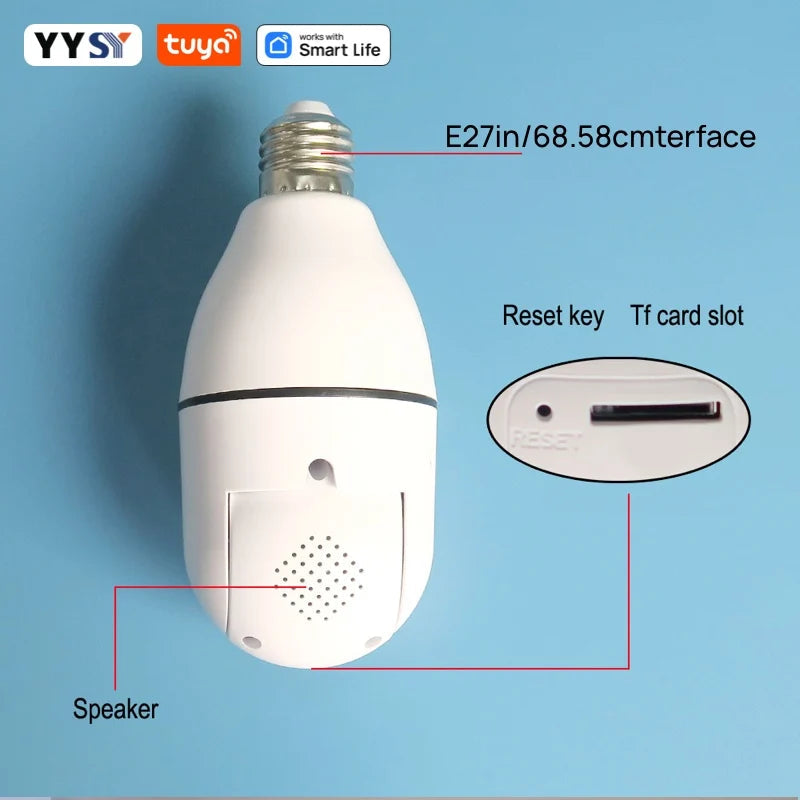 Lâmpada WiFi E27 com Câmara Segurança HD Tuya Smart - Visão Noturna, Áudio Bidirecional, Detecção Movimento