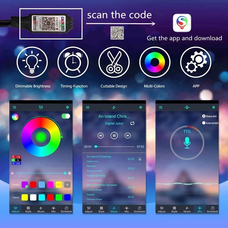 Fita LED USB RGB 1-30M - Tuya APP, 5050, Decoração Quarto/TV, Mudança Cor