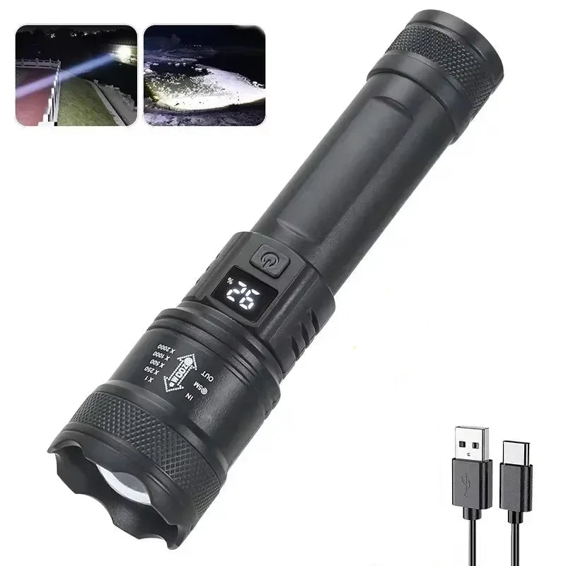 Lanterna LED Tática Alta Potência - 1500M, USB, Zoom, 3 Modos, Acampamento/Pesca/Defesa