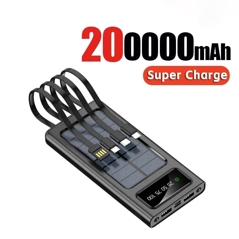 Solar Power Bank 200000mAh - 4 Cabos, Carregamento Rápido, USB, Solar, iPhone/Xiaomi/Samsung
