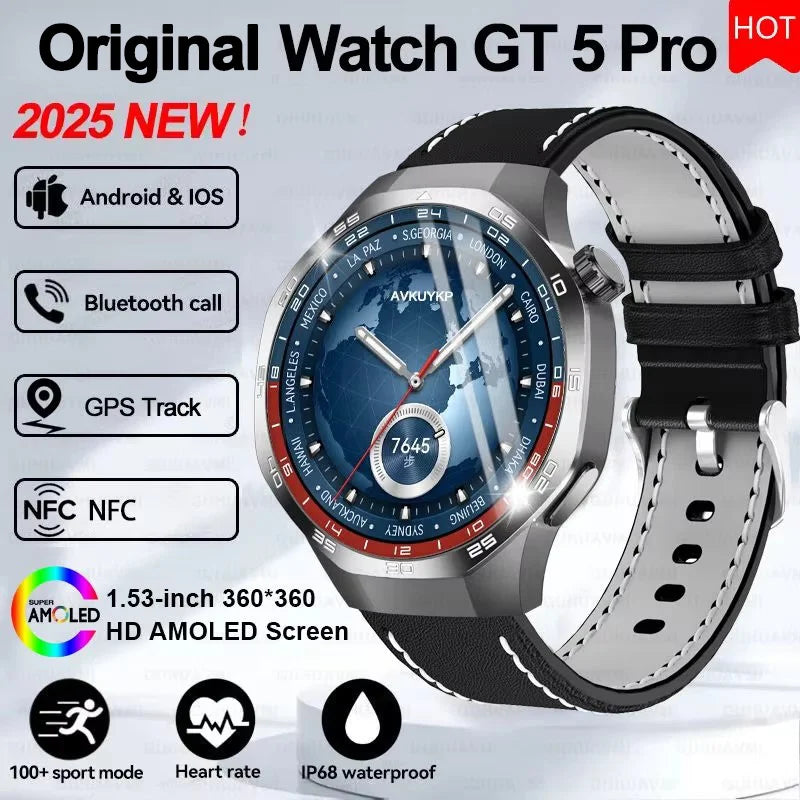 Smartwatch GT5 Pro - 2025 - AMOLED 1.53", NFC, Chamada BT, IP68, Rastreador GPS, Saúde, À Prova D'Água