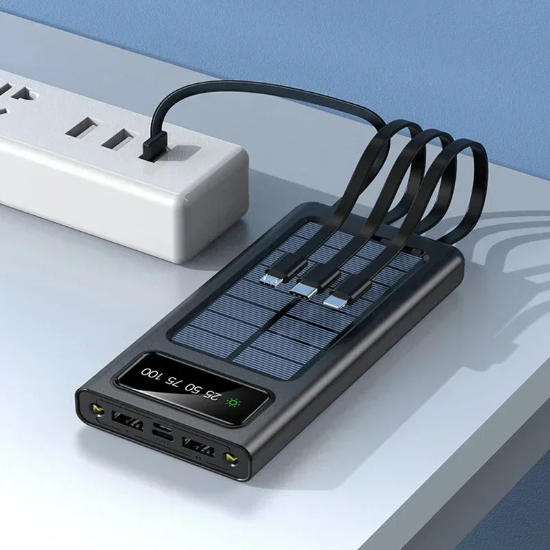 Solar Power Bank 200000mAh - 4 Cabos, Carregamento Rápido, USB, Solar, iPhone/Xiaomi/Samsung