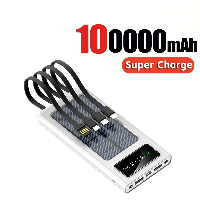 Solar Power Bank 200000mAh - 4 Cabos, Carregamento Rápido, USB, Solar, iPhone/Xiaomi/Samsung