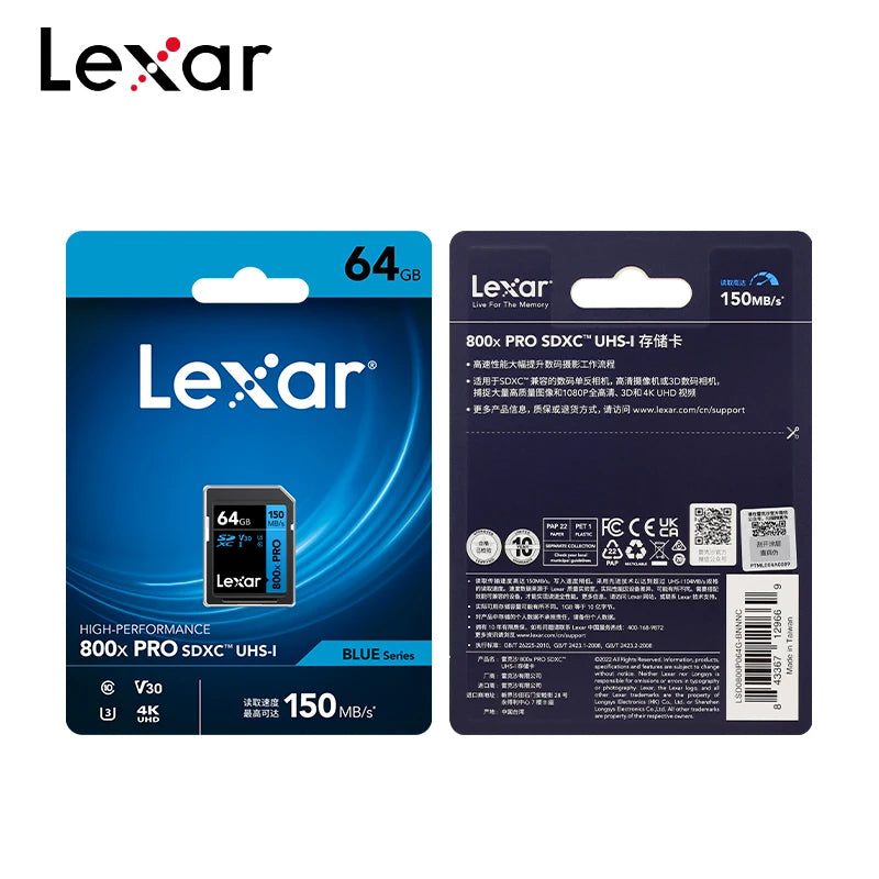 Cartão de Memória Lexar SD Pro 800x - 32GB/64GB/128GB - 150MB/s, UHS-I, C10/V10/V30