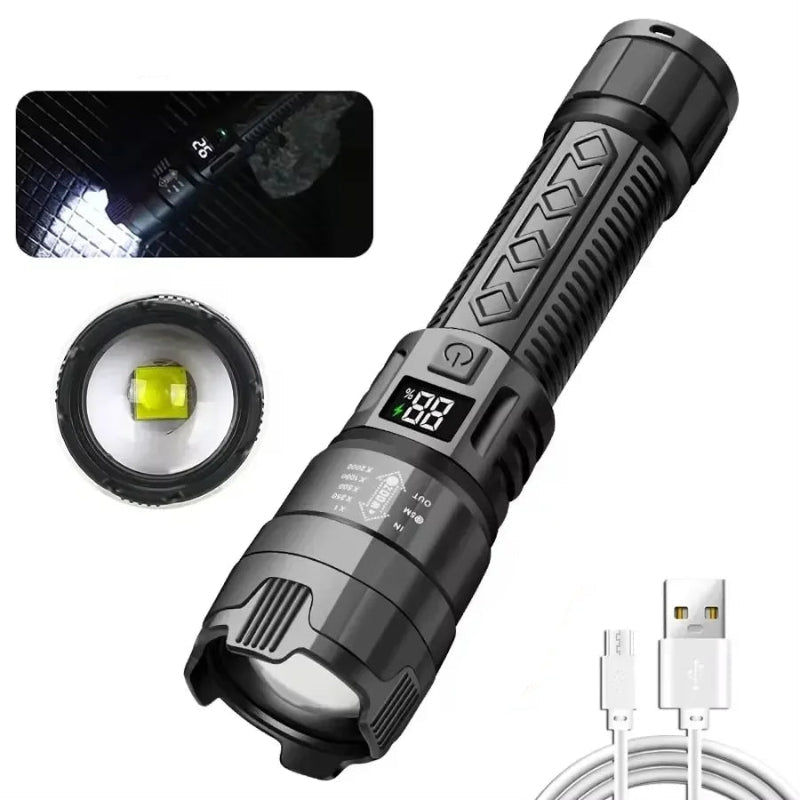 Lanterna LED Tática Alta Potência - 1500M, USB, Zoom, 3 Modos, Acampamento/Pesca/Defesa