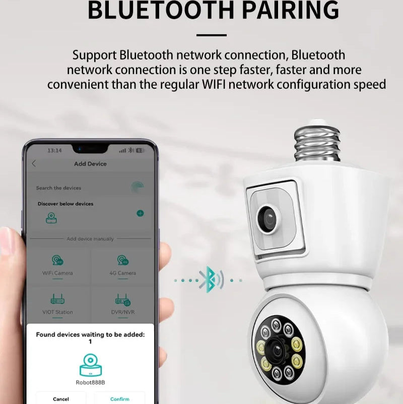 Câmara Segurança 4K/8MP E27 WiFi ICSEE Lente Dupla PTZ Exterior - Rastreamento IA, Visão Noturna Colorida