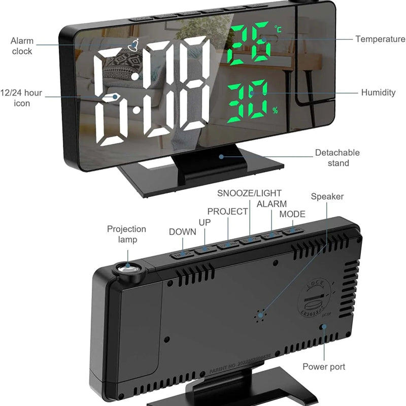 Despertador Digital LED com Projeção - Teto/Parede, Temperatura, Soneca, Visor Grande