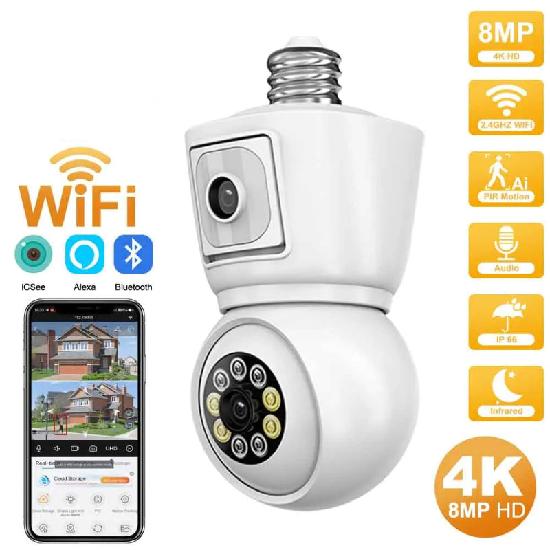 Câmara Segurança 4K/8MP E27 WiFi ICSEE Lente Dupla PTZ Exterior - Rastreamento IA, Visão Noturna Colorida