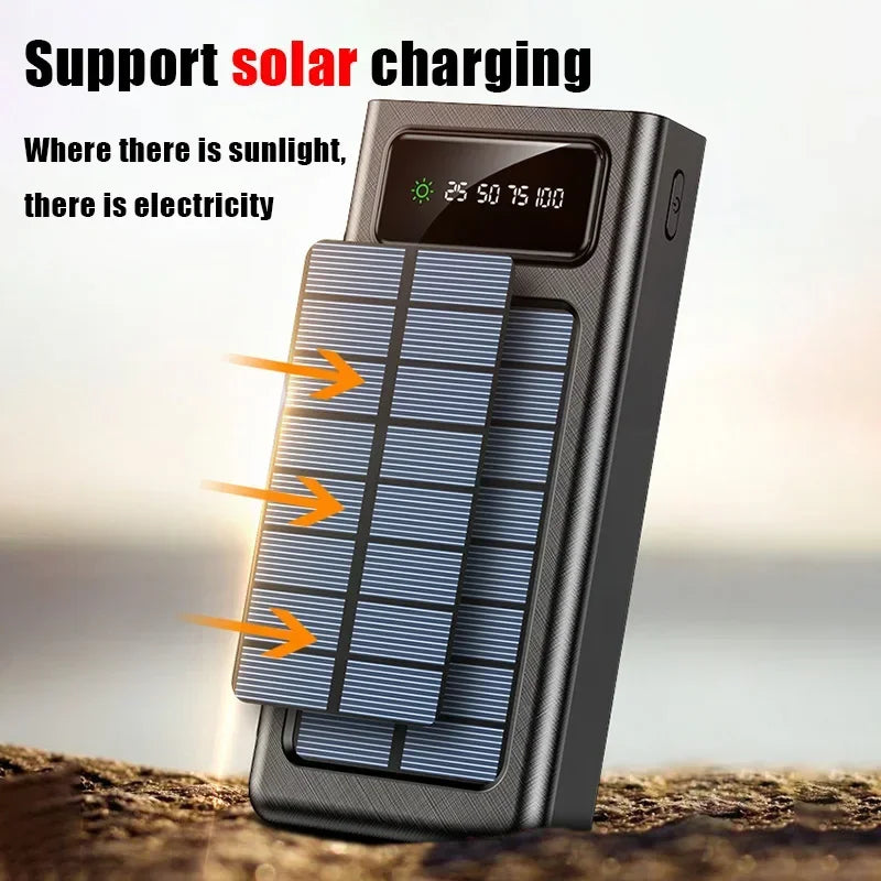 Solar Power Bank 200000mAh - 4 Cabos, Carregamento Rápido, USB, Solar, iPhone/Xiaomi/Samsung